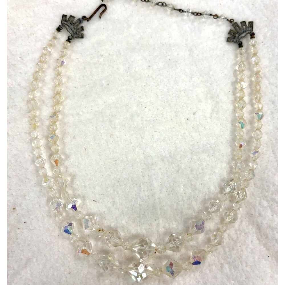 Vintage Aurora Borealis AB Crystal Glass Double Strand Necklace 16” Choker